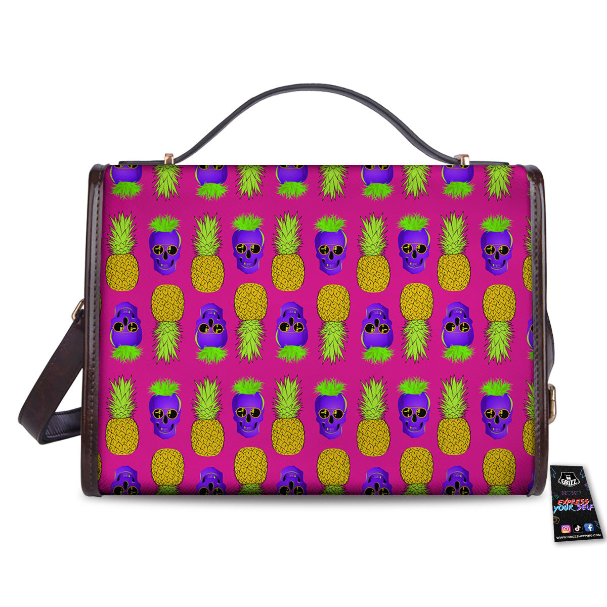 Skull Pineapple Print Pattern Women's Satchel Bag - Image 2