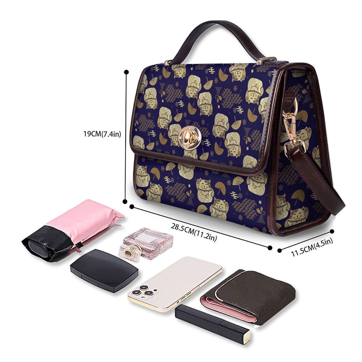 Maneki Neko Cat Japanese Print Pattern Women's Satchel Bag - Image 4