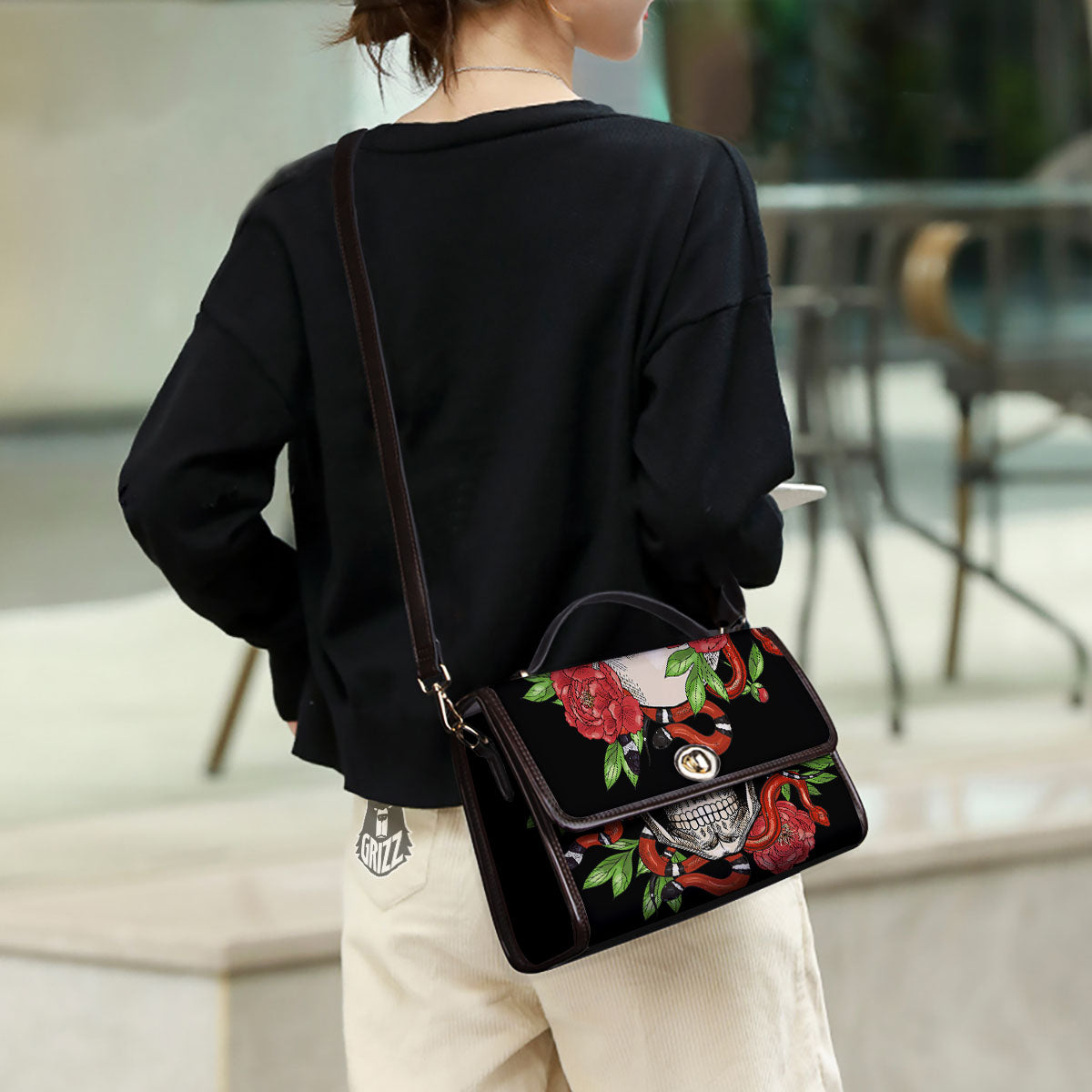 Tattoo Roses And Skull Print Women's Satchel Bag - Image 3