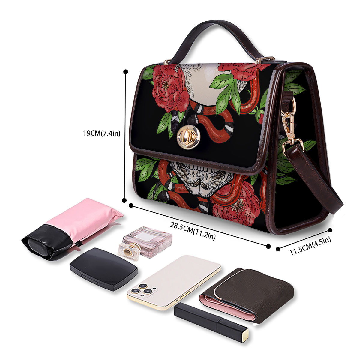 Tattoo Roses And Skull Print Women's Satchel Bag - Image 4