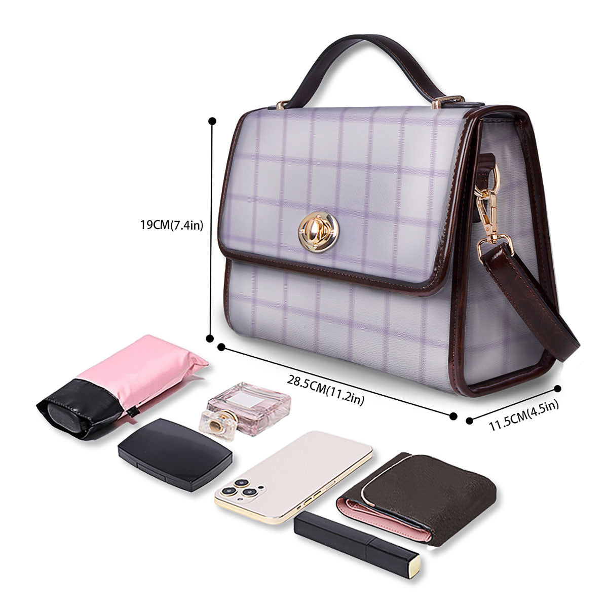 Tattersall White And Purple Print Pattern Women's Satchel Bag - Image 4