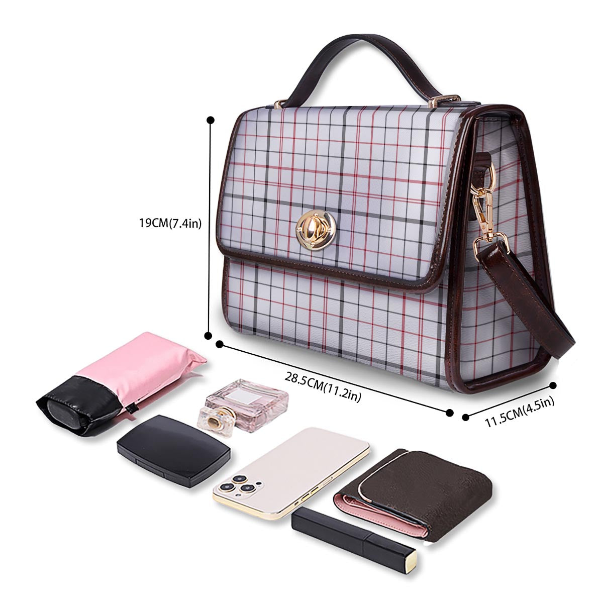 Tattersall White And Red Print Pattern Women's Satchel Bag - Image 4