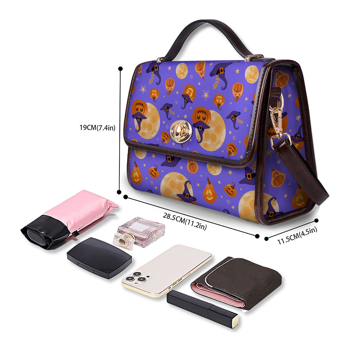 Pumpkin Halloween Purple Print Pattern Women's Satchel Bag - Image 4