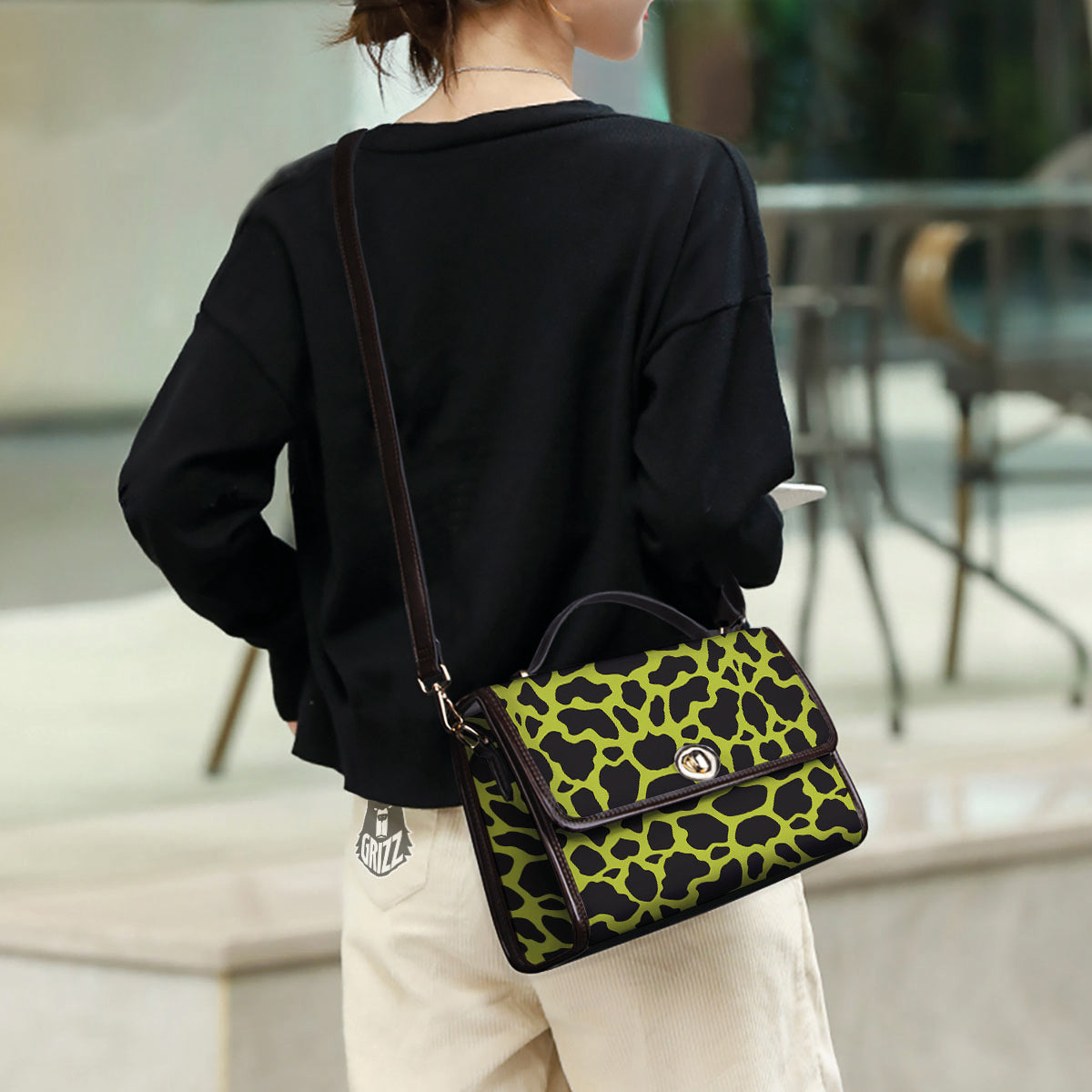 Cow Black And Lime Green Print Pattern Women's Satchel Bag - Image 3
