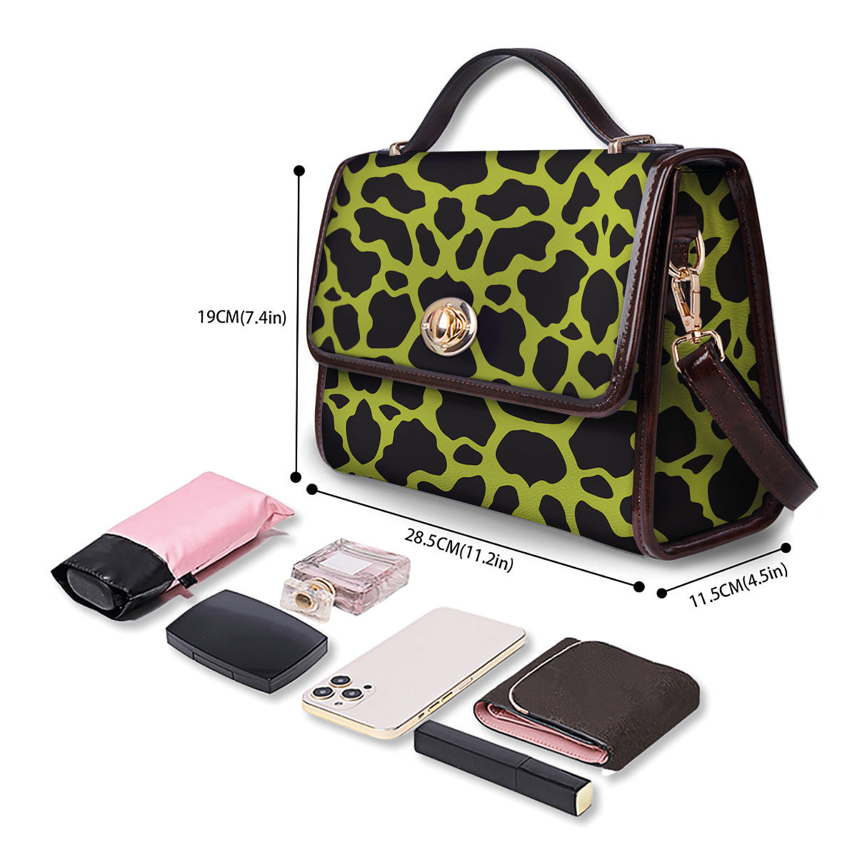 Cow Black And Lime Green Print Pattern Women's Satchel Bag - Image 4