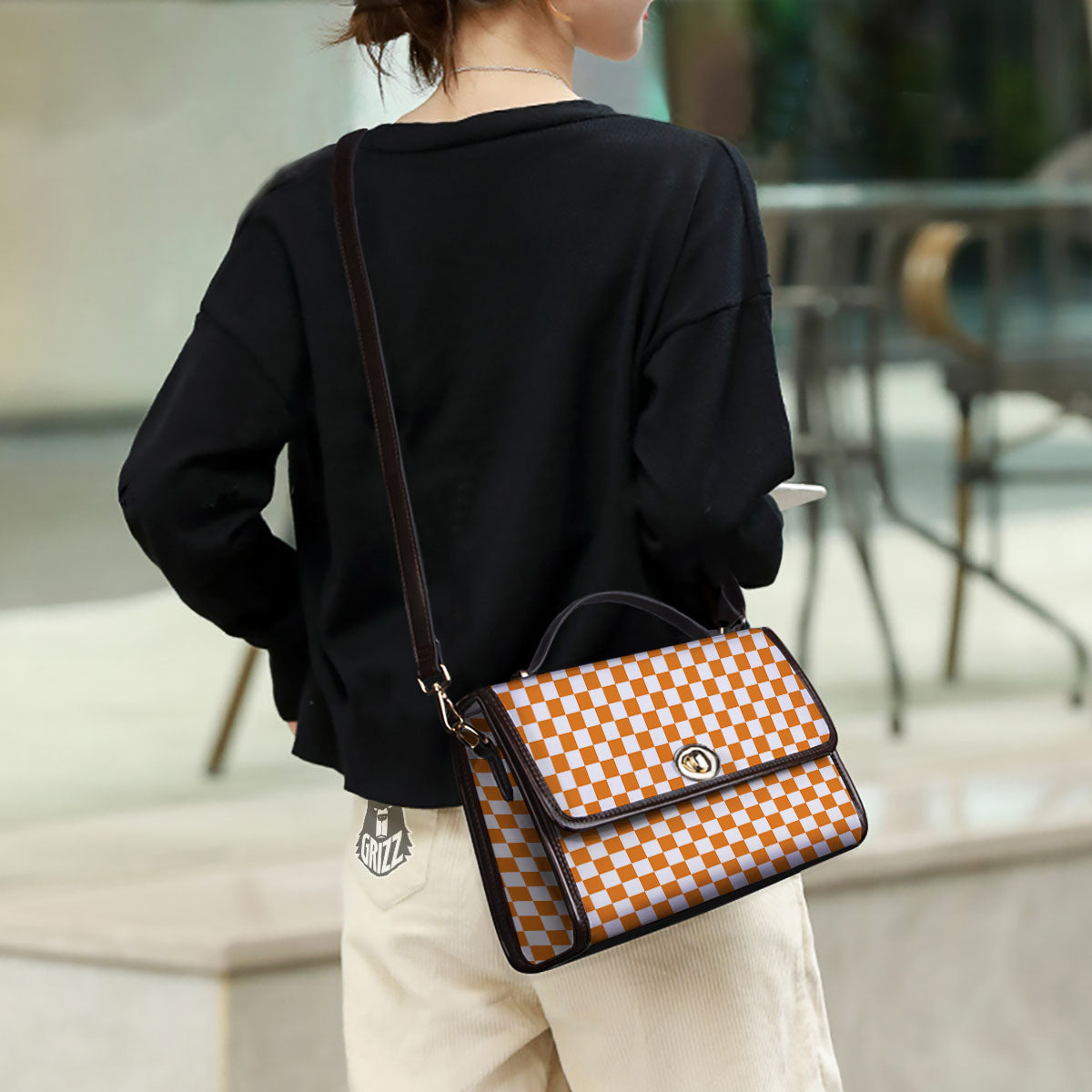 Checkered White And Orange Print Pattern Women's Satchel Bag - Image 3