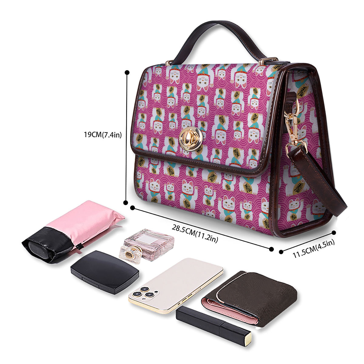 Cartoon Lucky Cat Japanese Print Pattern Women's Satchel Bag - Image 4