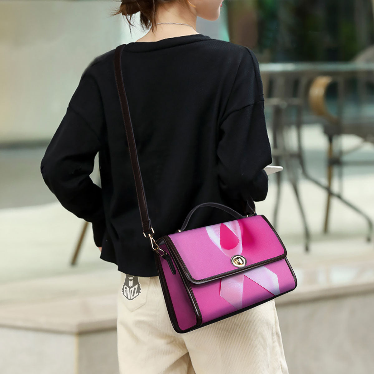Cancer Breast Little Ribbon Print Women's Satchel Bag - Image 3