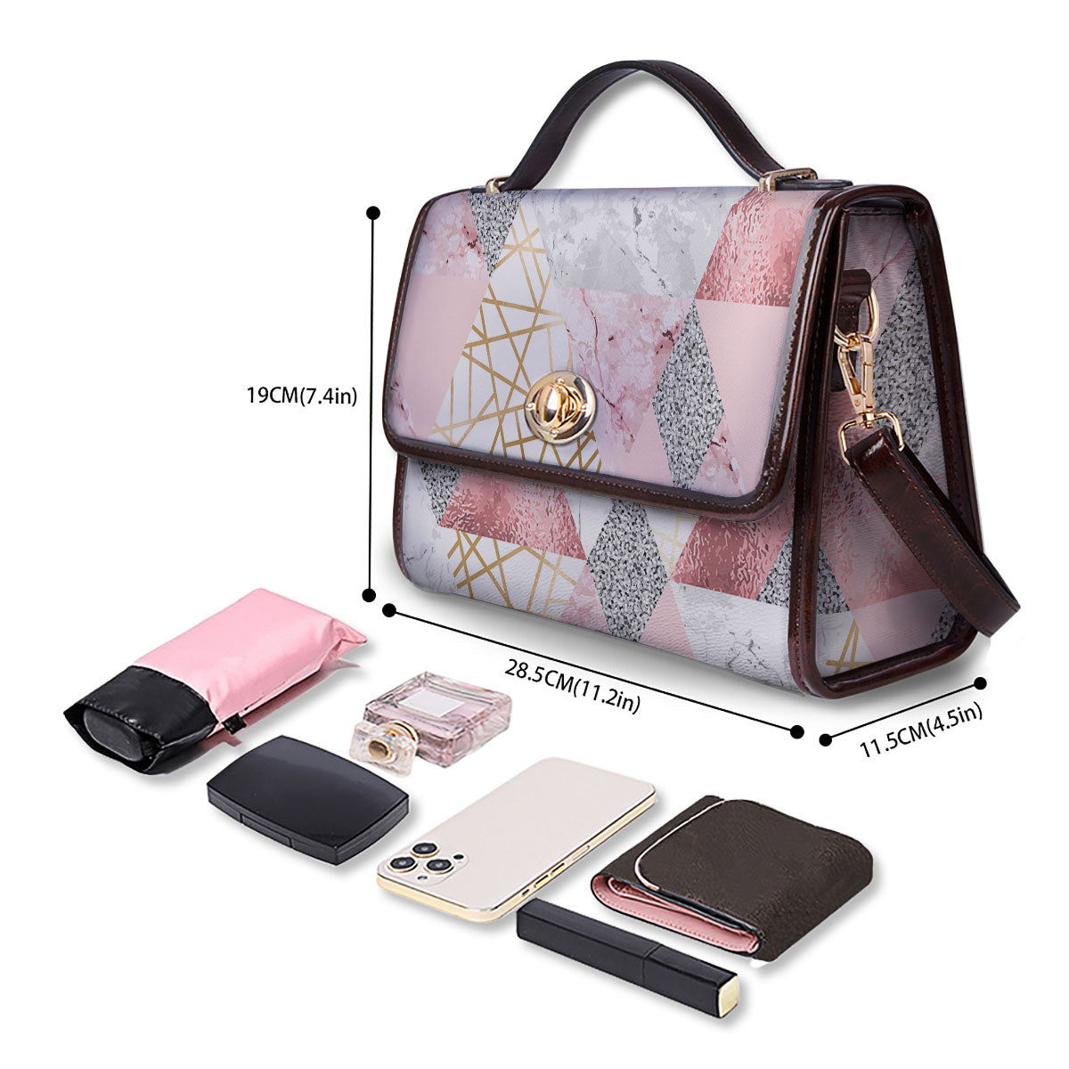 Polygonal Geometric Pink Print Women's Satchel Bag - Image 4