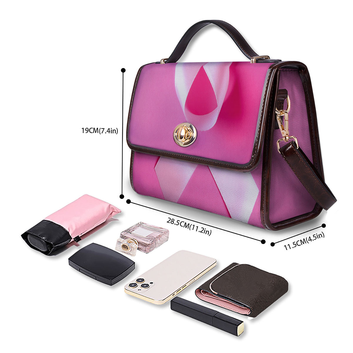 Cancer Breast Little Ribbon Print Women's Satchel Bag - Image 4