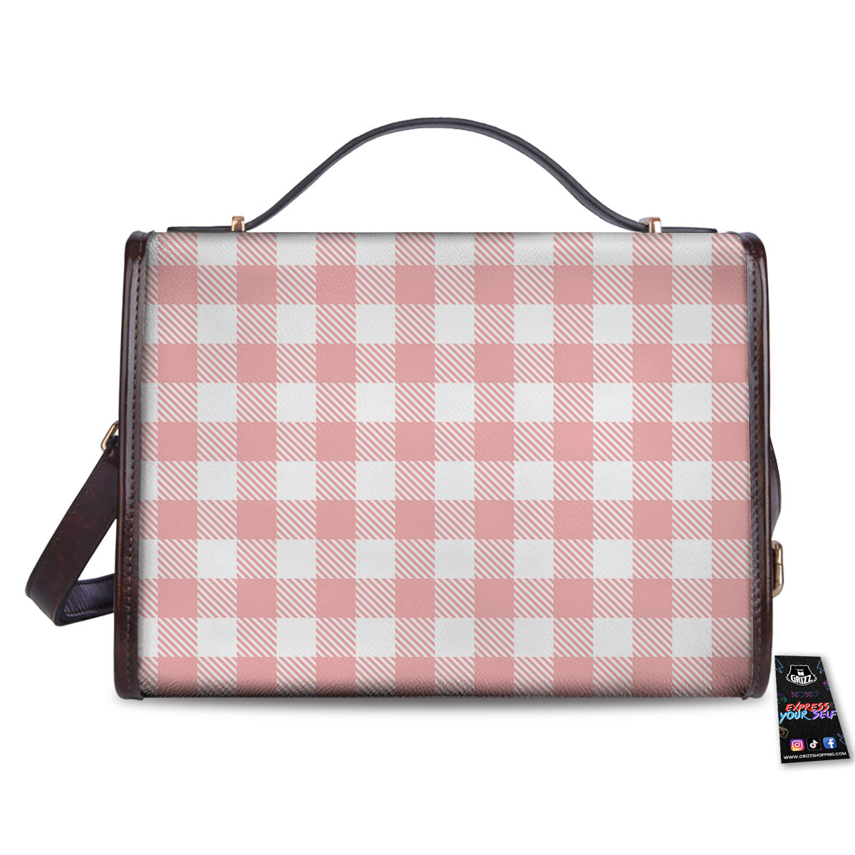 Pink And White Gingham Print Pattern Women's Satchel Bag - Image 2