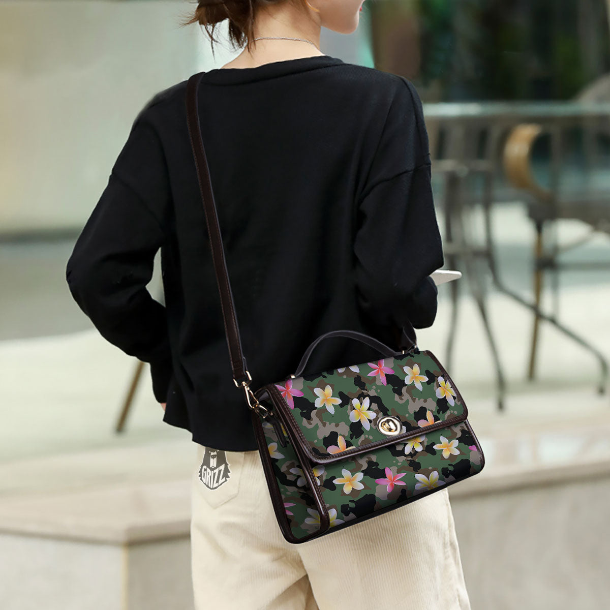 Camo Flower Military Green Print Pattern Women's Satchel Bag - Image 3