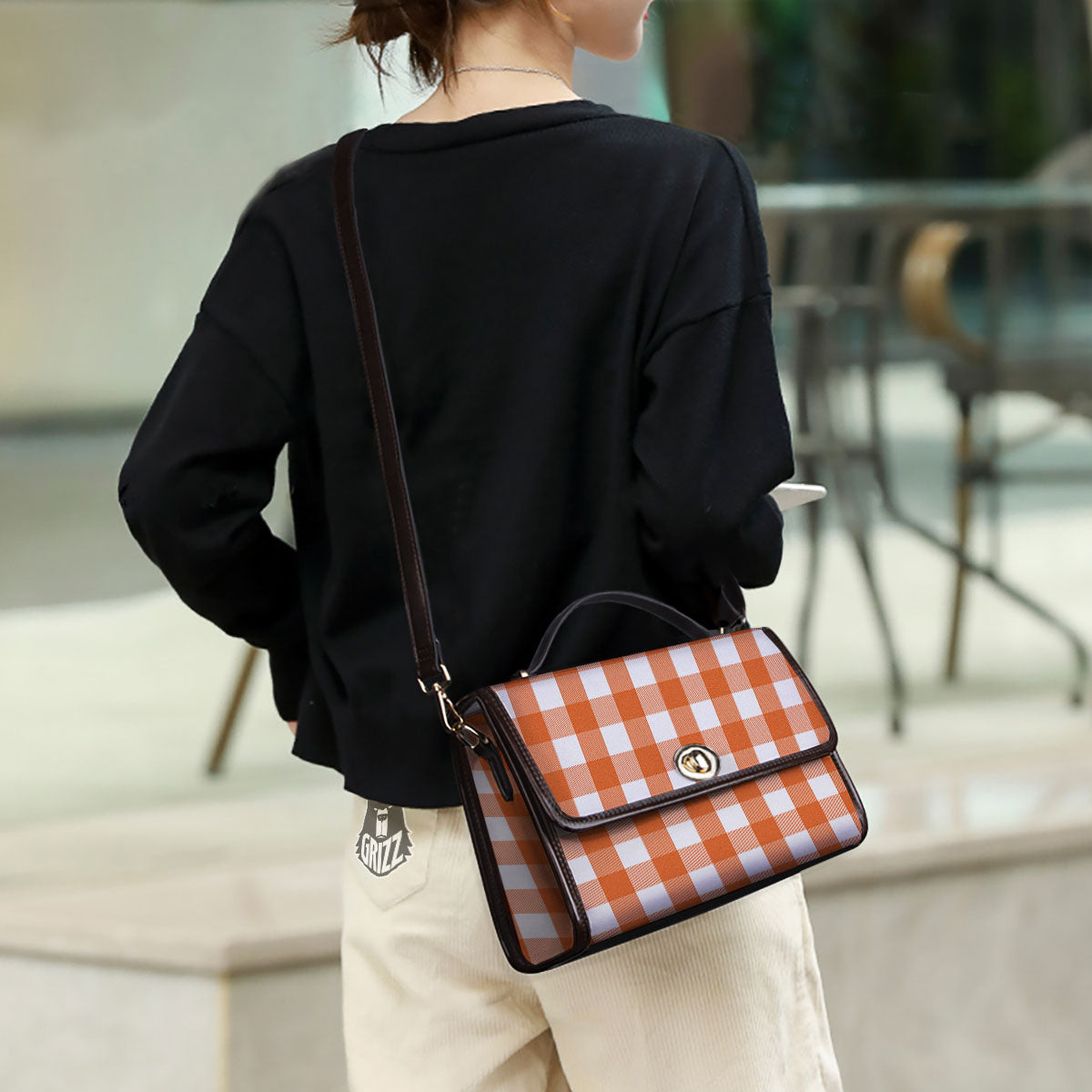 Buffalo Plaid Orange Print Women's Satchel Bag - Image 3