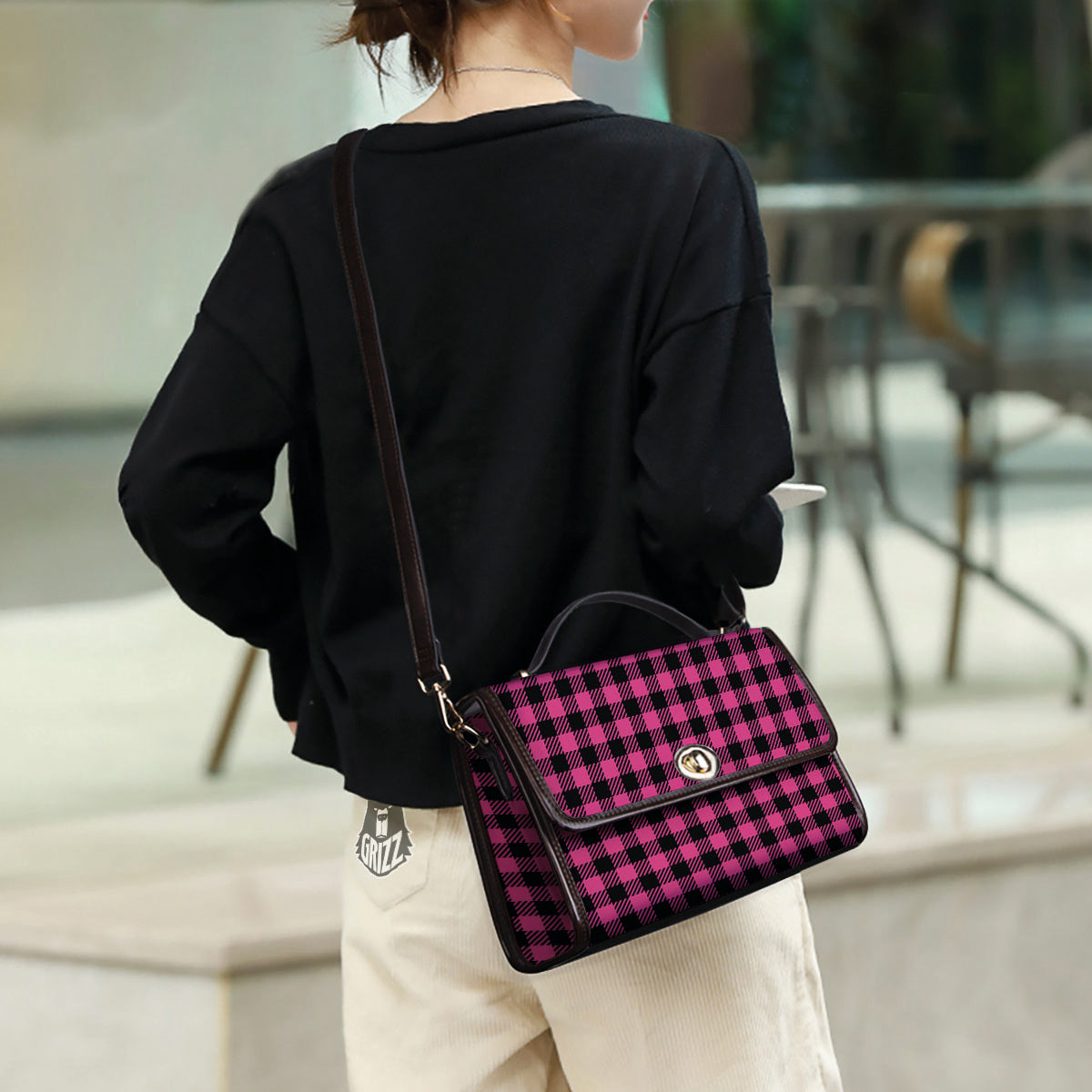 Buffalo Plaid Hot Pink Print Women's Satchel Bag - Image 3