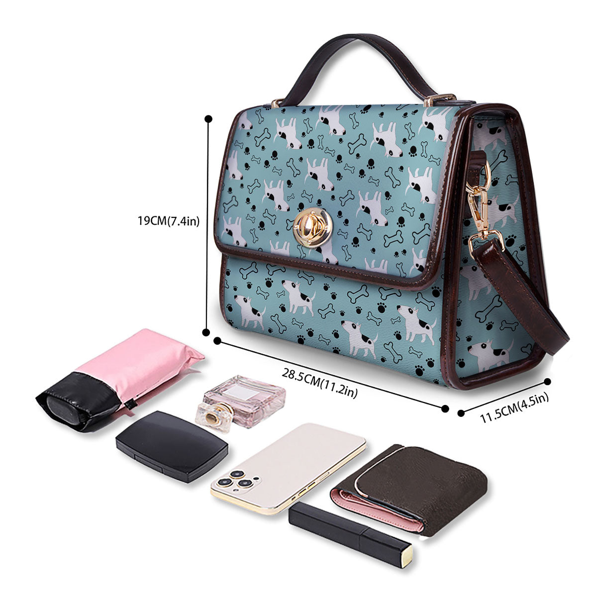 Bull Terrier Laurel Green Print Pattern Women's Satchel Bag - Image 4