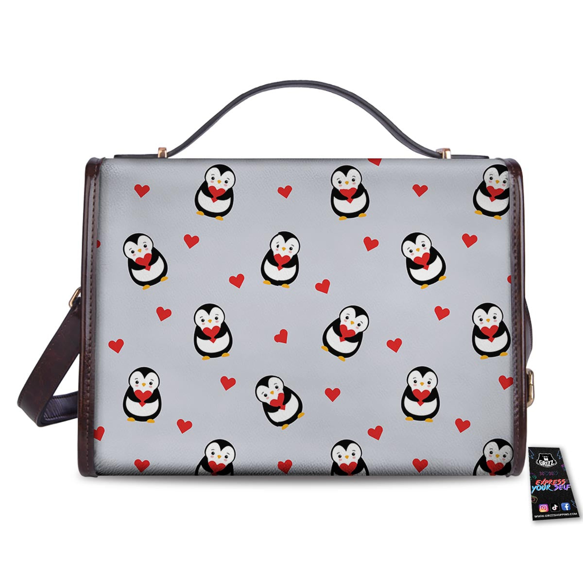 Penguin And Red Heart Print Pattern Women's Satchel Bag - Image 2