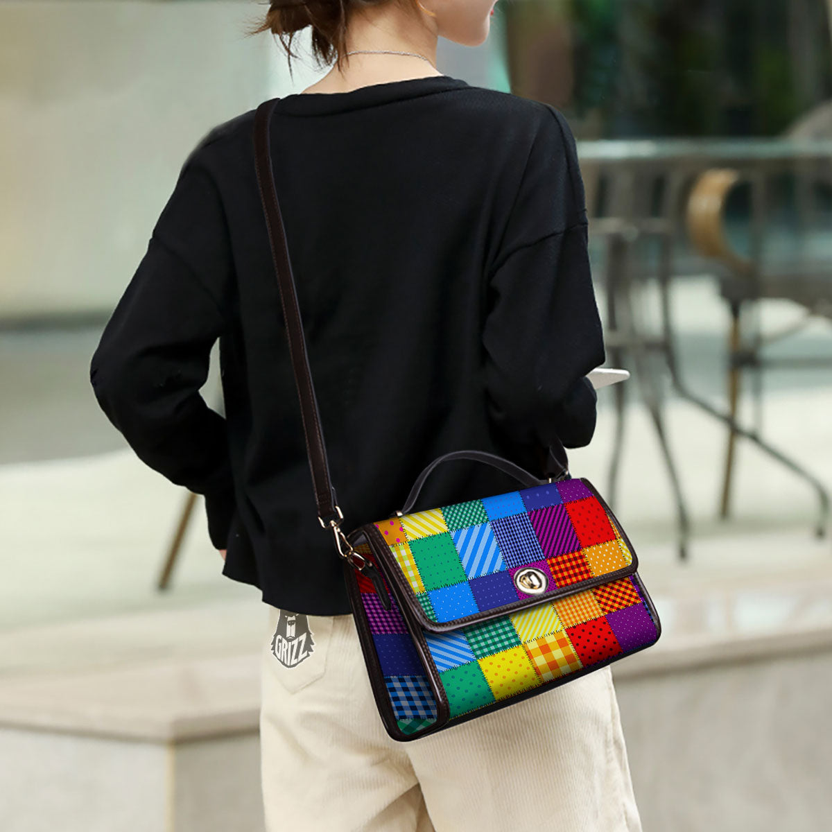 Patchwork Rainbow Print Pattern Women's Satchel Bag - Image 3