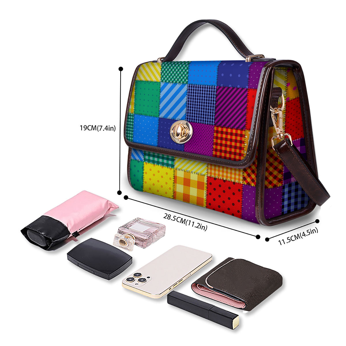 Patchwork Rainbow Print Pattern Women's Satchel Bag - Image 4