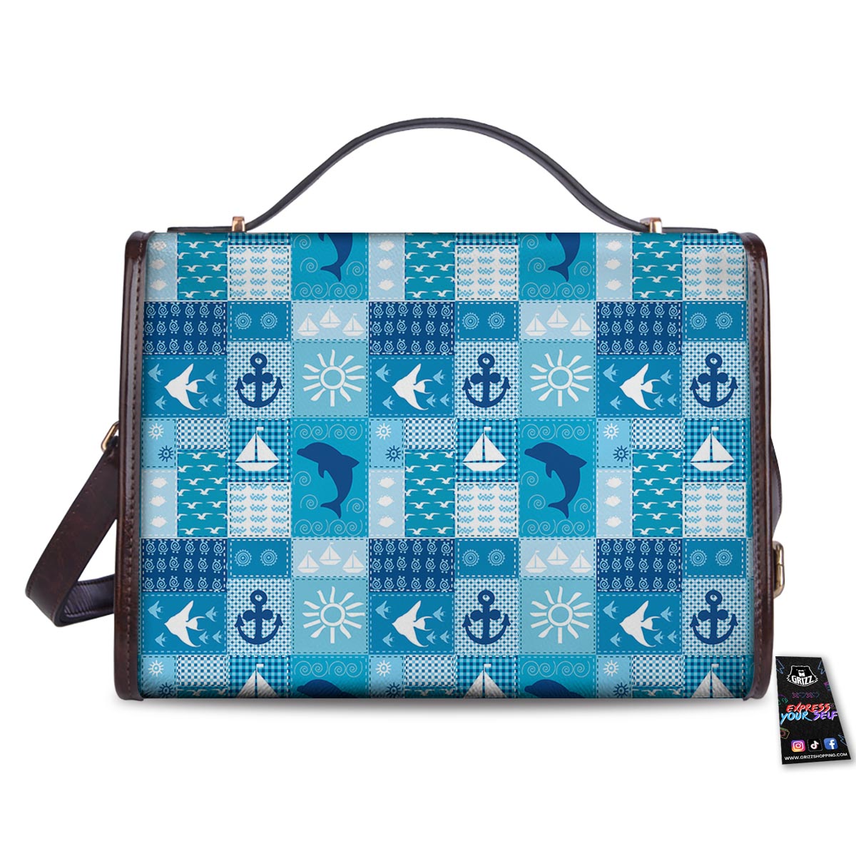 Nautical Sea Animal Patchwork Retro Print Pattern Women's Satchel Bag - Image 2