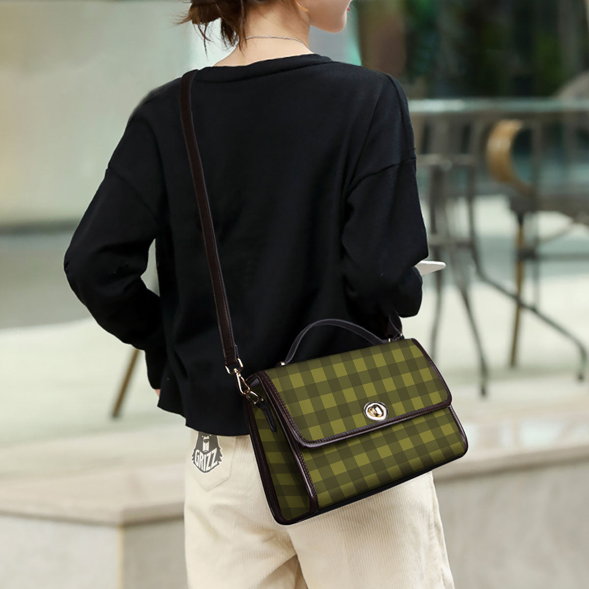 Buffalo Check Olive Green Print Pattern Women's Satchel Bag - Image 3