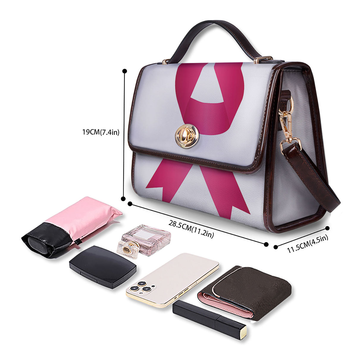 Breast Cancer White And Pink Print Women's Satchel Bag - Image 4