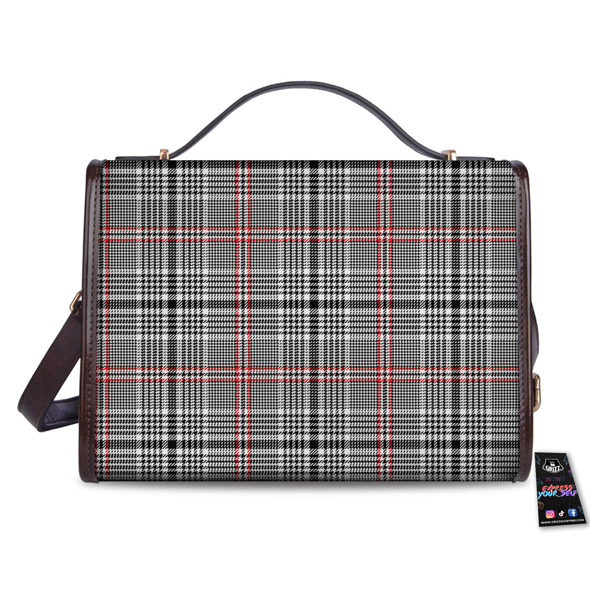 Modern Tartan Plaid White And Black Red Print Women's Satchel Bag - Image 2