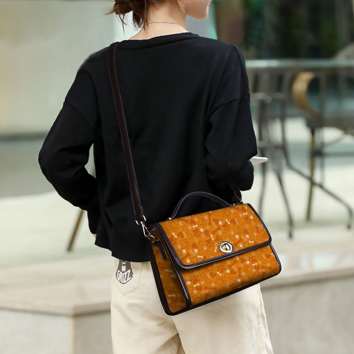 Bone And Orange Paw Print Pattern Women's Satchel Bag - Image 3