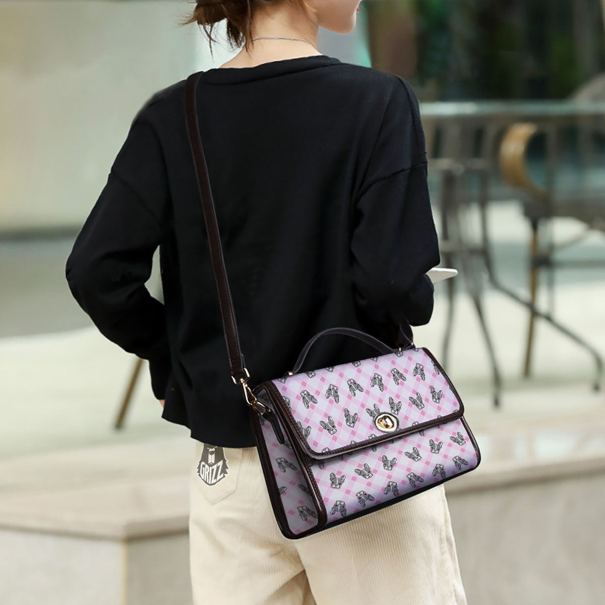 Boston Terrier Pink Plaid Print Pattern Women's Satchel Bag - Image 3