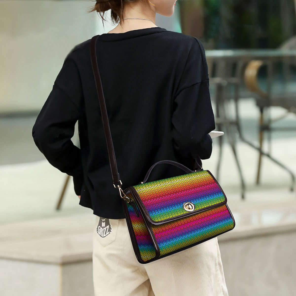 Mexican Rainbow Knitted Print Pattern Women's Satchel Bag - Image 3