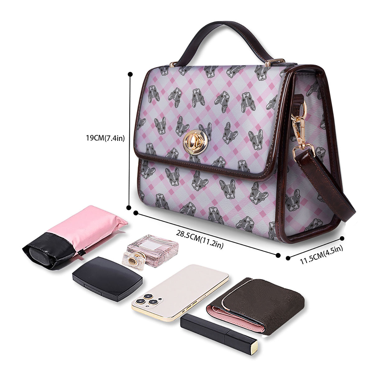 Boston Terrier Pink Plaid Print Pattern Women's Satchel Bag - Image 4