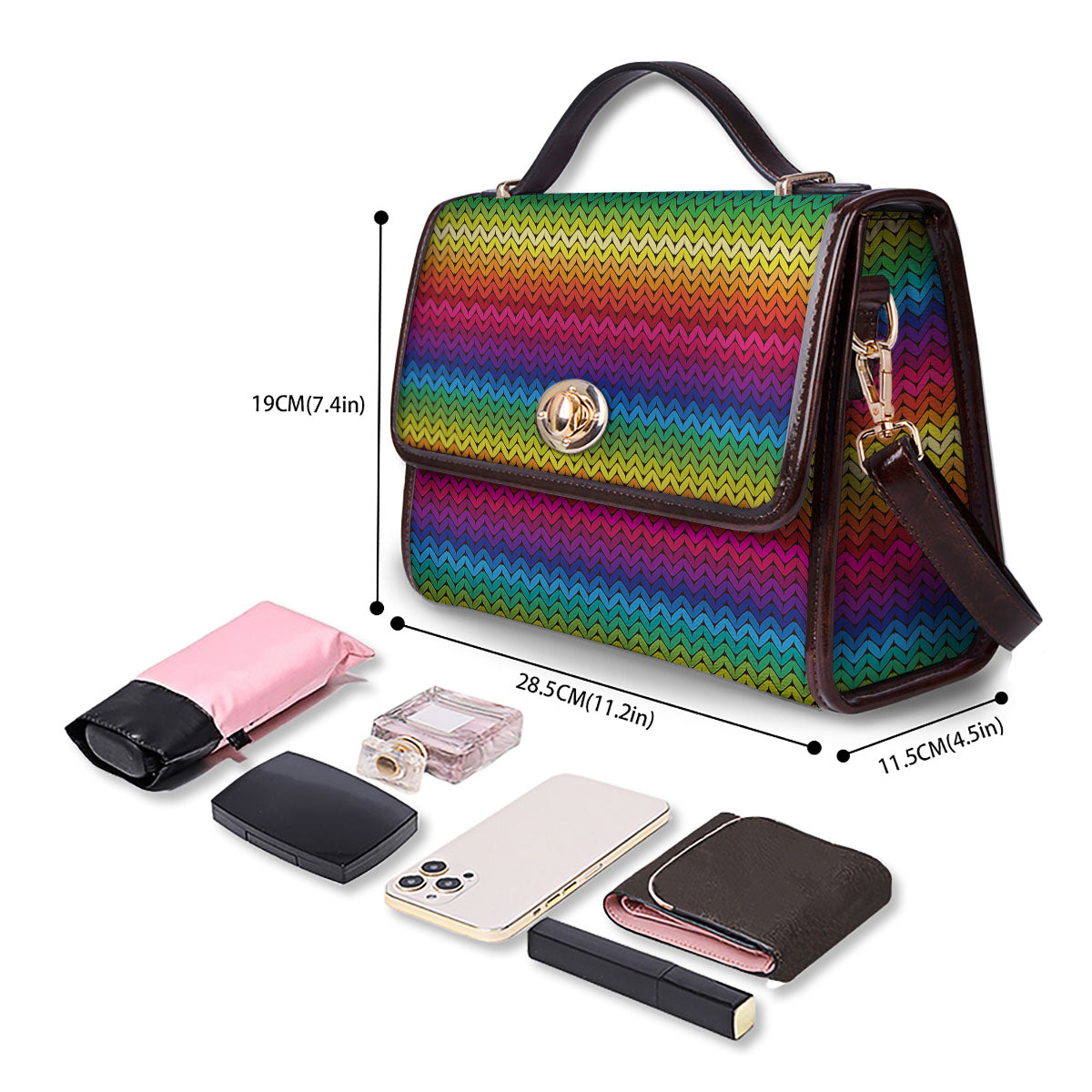 Mexican Rainbow Knitted Print Pattern Women's Satchel Bag - Image 4