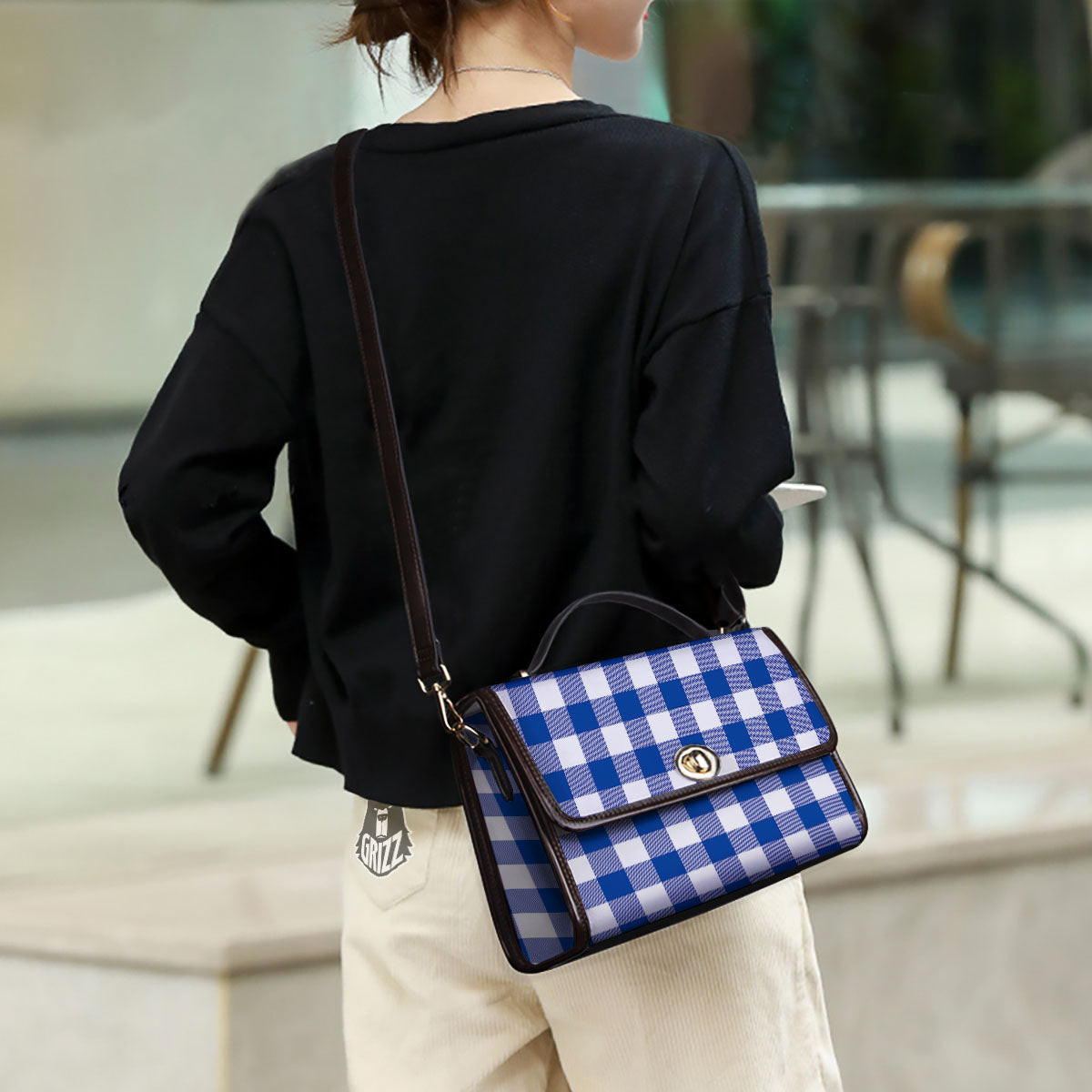 Blue Indigo And White Gingham Print Women's Satchel Bag - Image 3