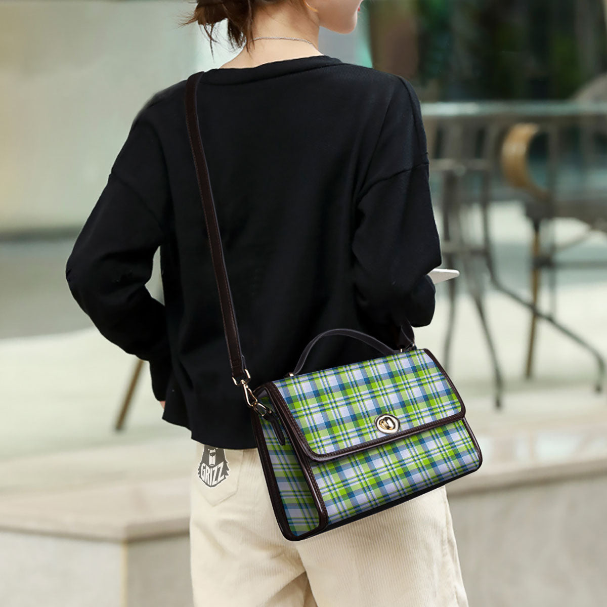 Blue Madras Plaid And Lime Print Pattern Women's Satchel Bag - Image 3