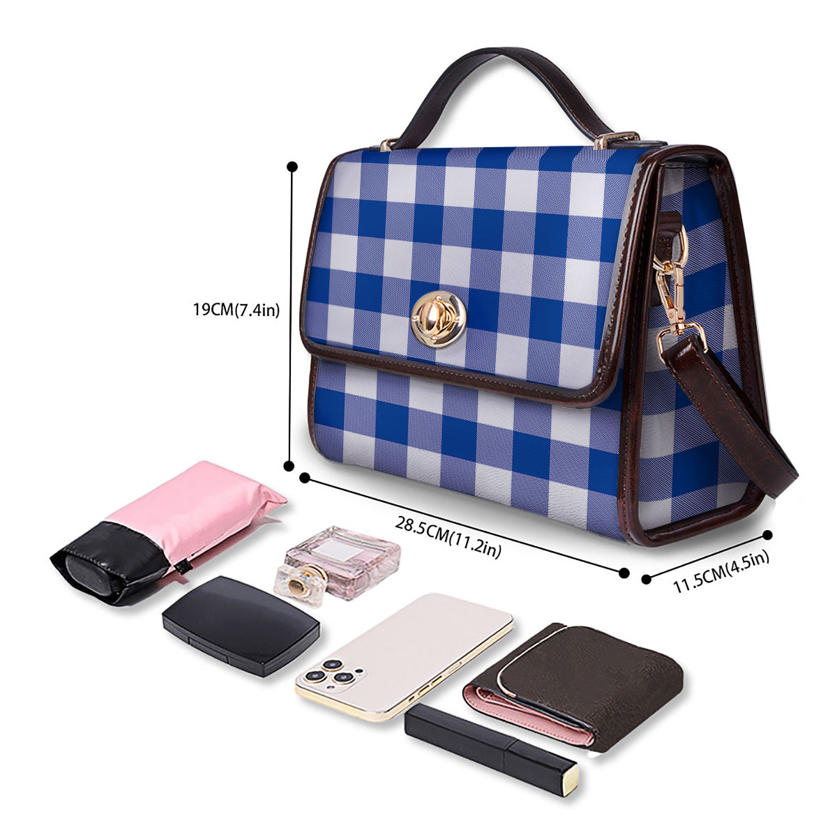 Blue Indigo And White Gingham Print Women's Satchel Bag - Image 4
