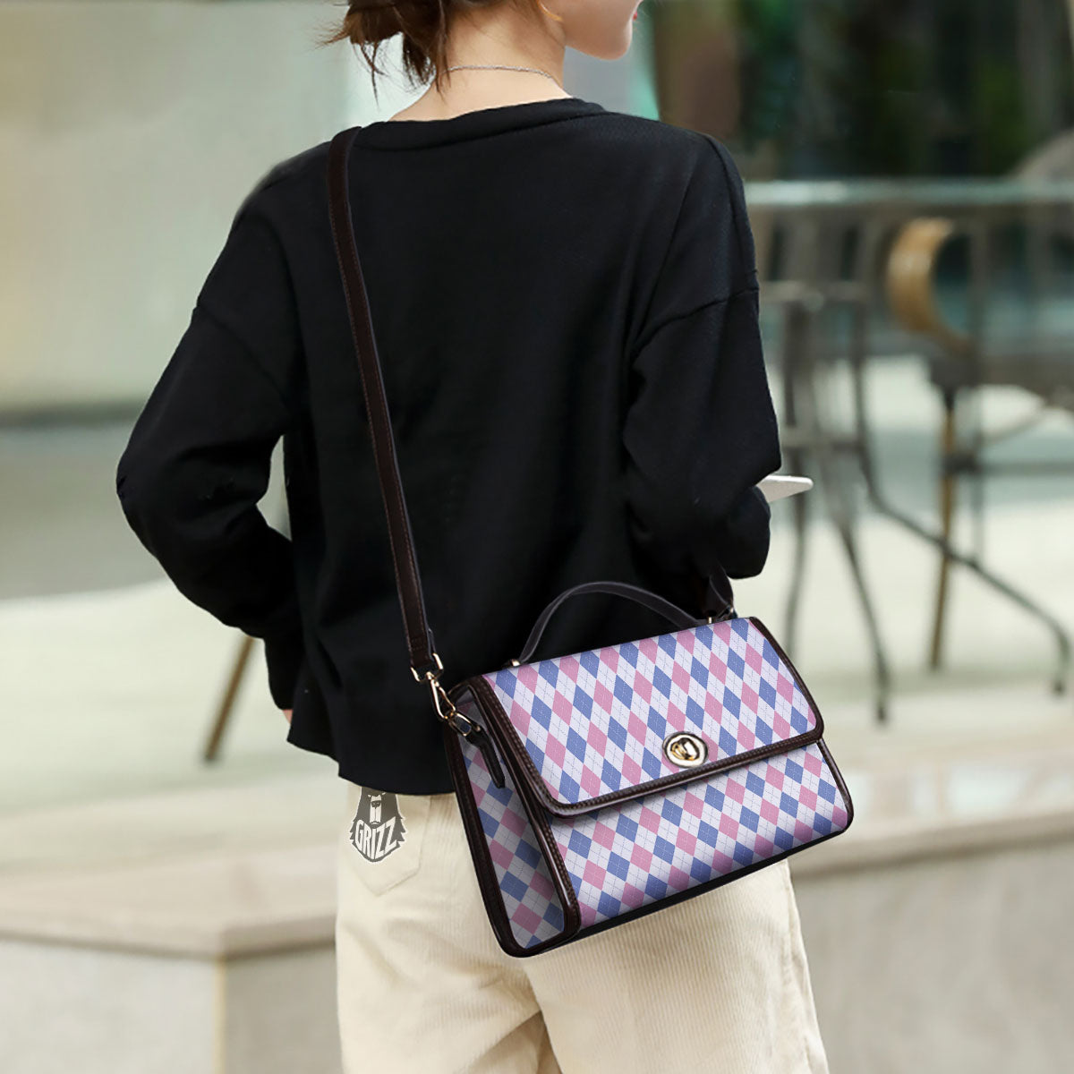 Blue Pink And White Argyle Print Pattern Women's Satchel Bag - Image 3