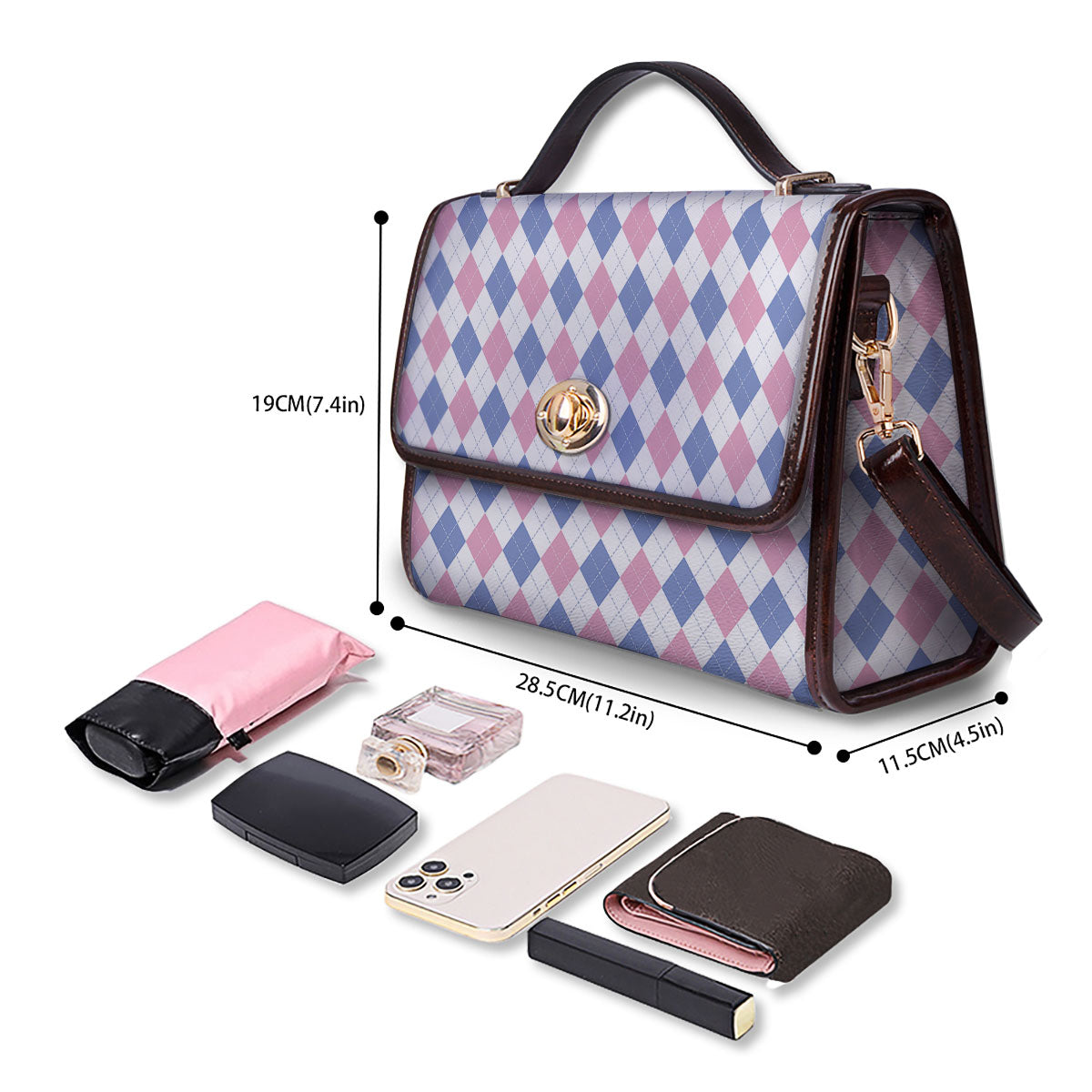 Blue Pink And White Argyle Print Pattern Women's Satchel Bag - Image 4