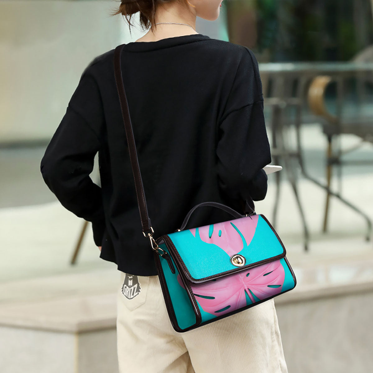 Blue And Pink Tropical Palm Leaf Print Women's Satchel Bag - Image 3