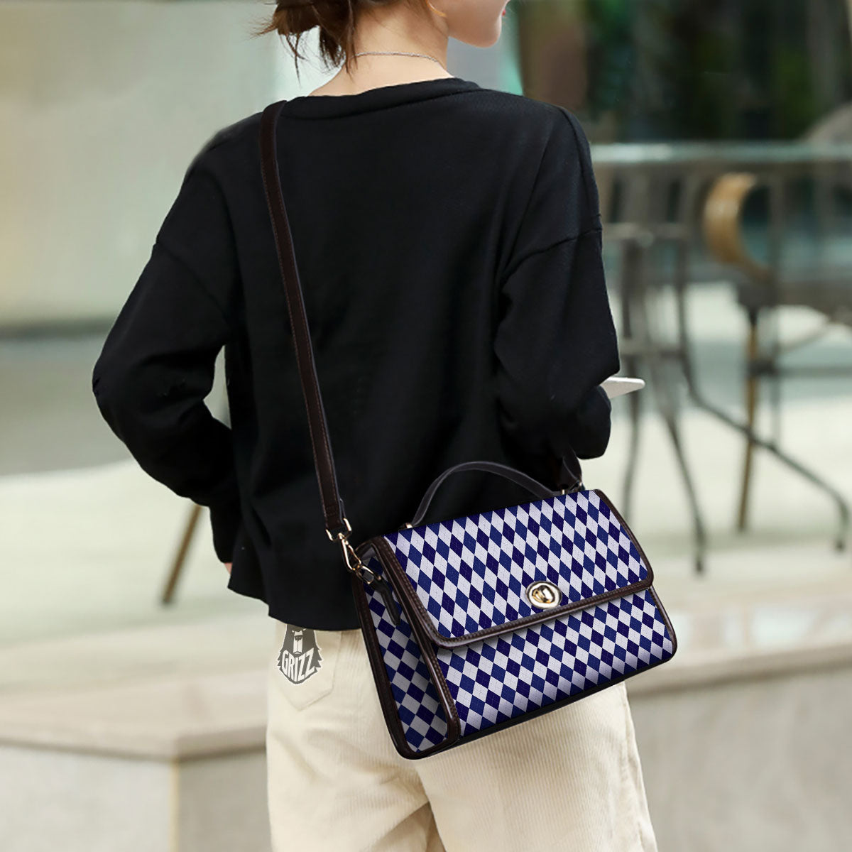 Blue And White Navy Argyle Print Pattern Women's Satchel Bag - Image 3
