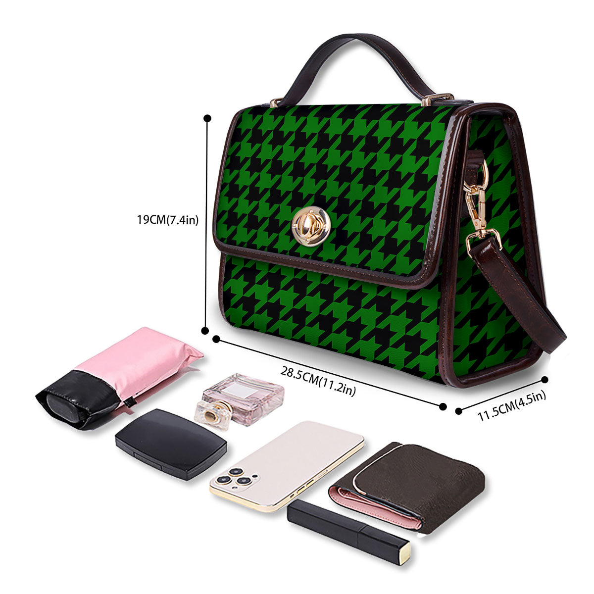 Black Green Jungle Houndstooth Print Women's Satchel Bag - Image 4