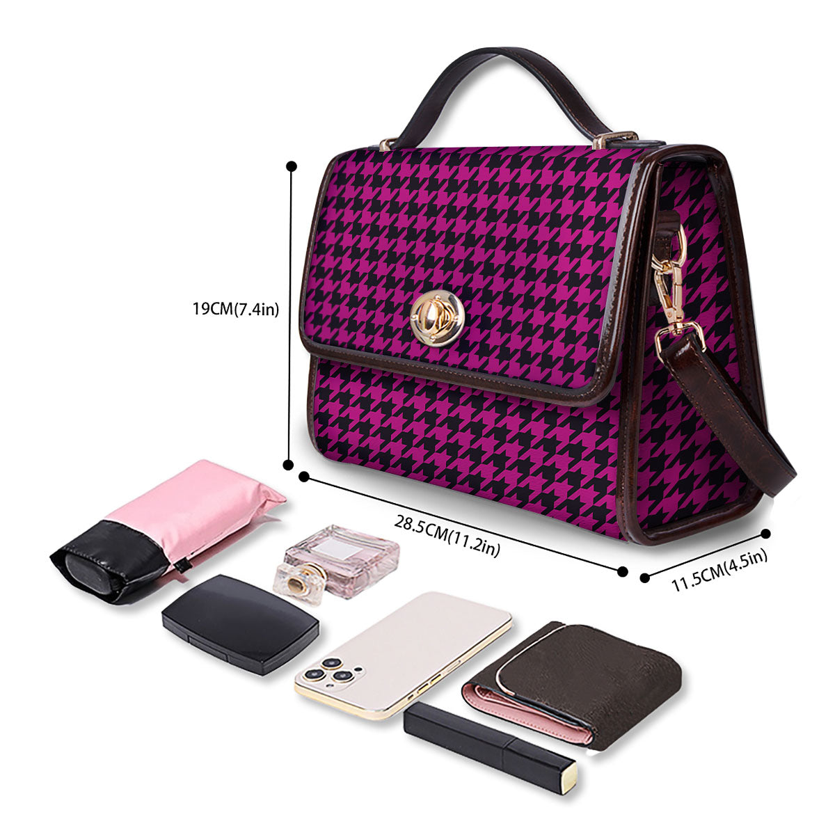 Black Houndstooth And Hot Pink Print Women's Satchel Bag - Image 4