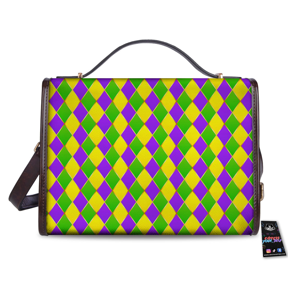 Mardi Gras Purple Green And Yellow Print Pattern Women's Satchel Bag - Image 2