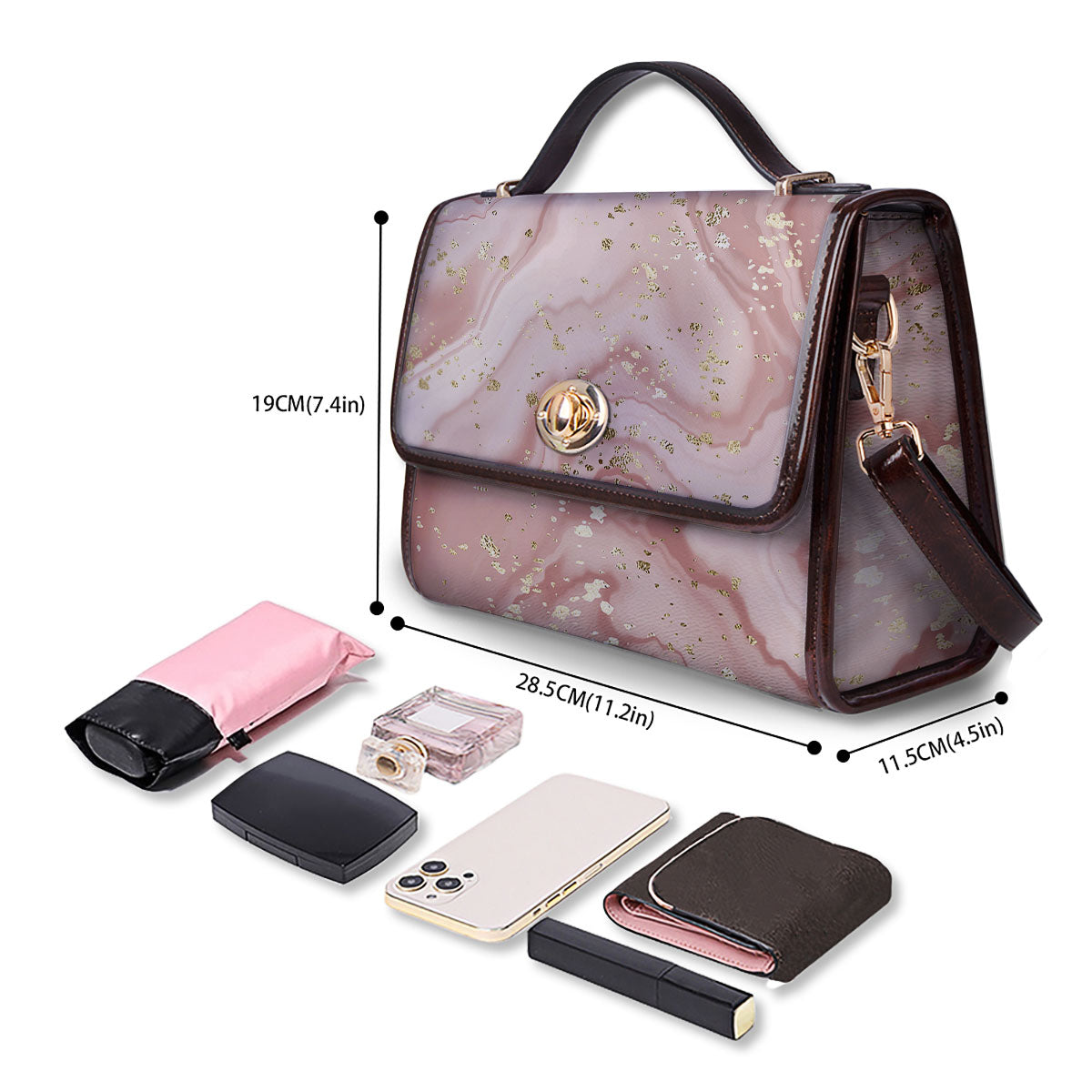 Marble Rose Pink Print Pattern Women's Satchel Bag - Image 4