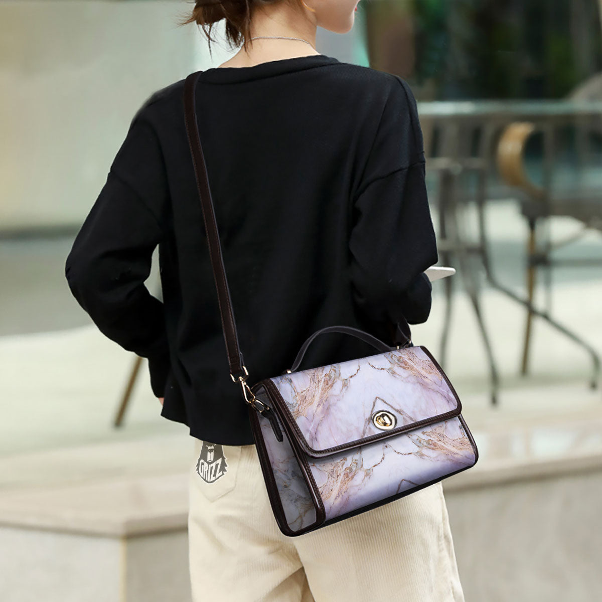 Marble Pink Grey White Print Pattern Women's Satchel Bag - Image 3
