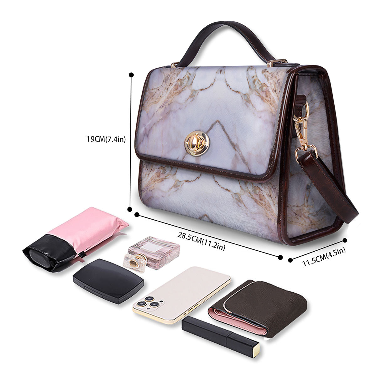 Marble Pink Grey White Print Pattern Women's Satchel Bag - Image 4