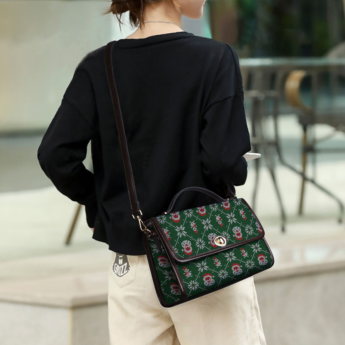 Knitted Santa Claus Print Pattern Women's Satchel Bag - Image 3