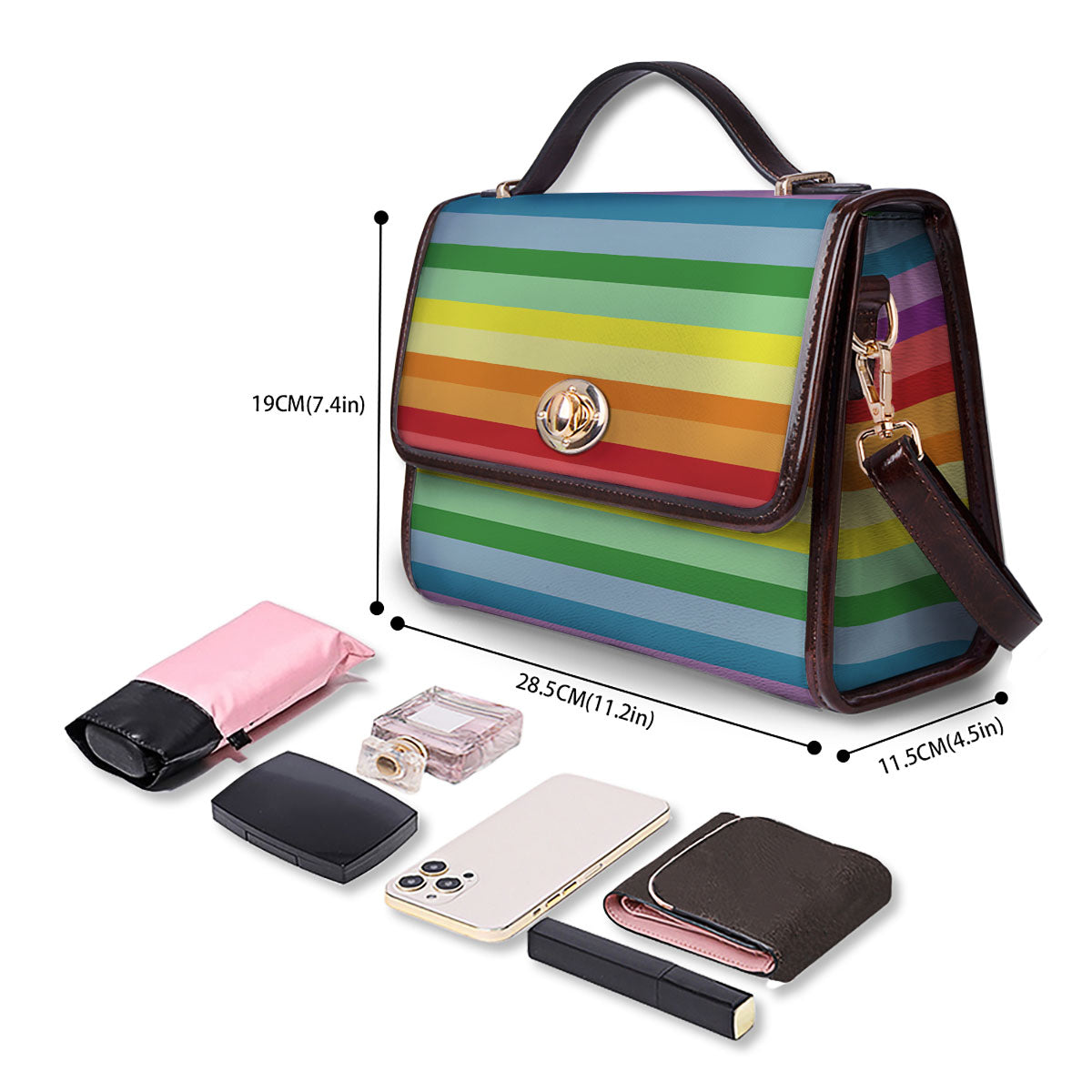Striped Rainbow Print Pattern Women's Satchel Bag - Image 4