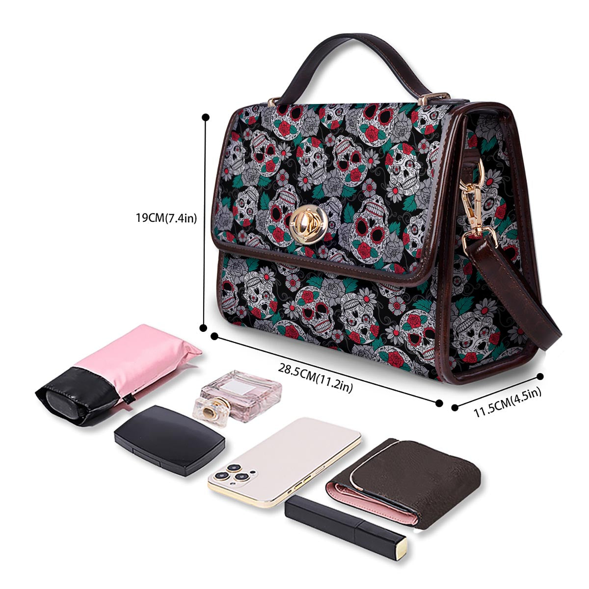Sugar Skull Rose Floral Print Pattern Women's Satchel Bag - Image 4