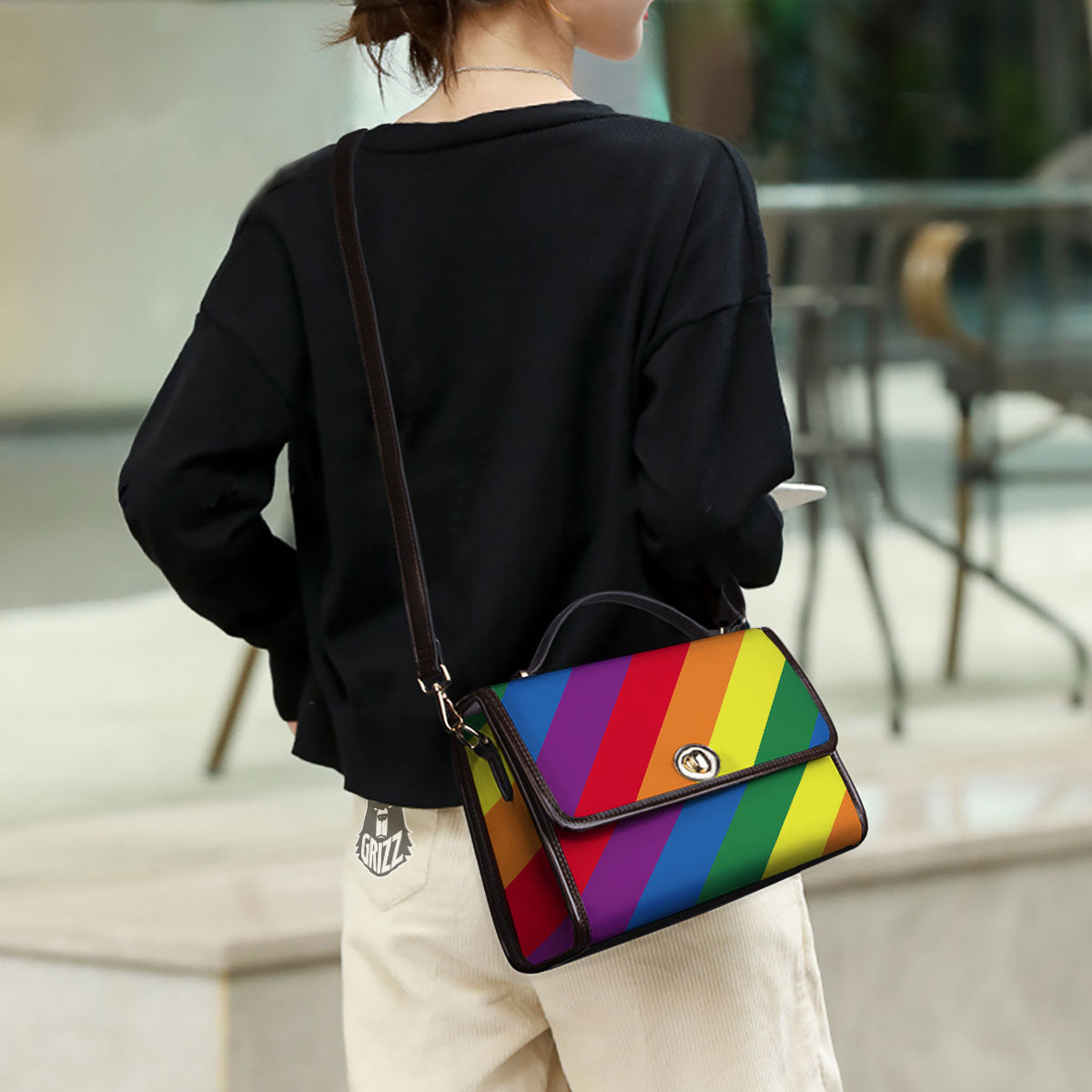 Striped Rainbow Diagonal Print Pattern Women's Satchel Bag - Image 3