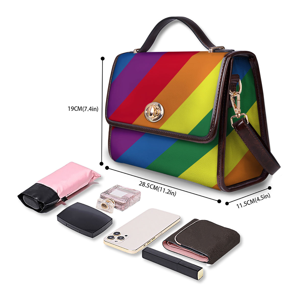 Striped Rainbow Diagonal Print Pattern Women's Satchel Bag - Image 4