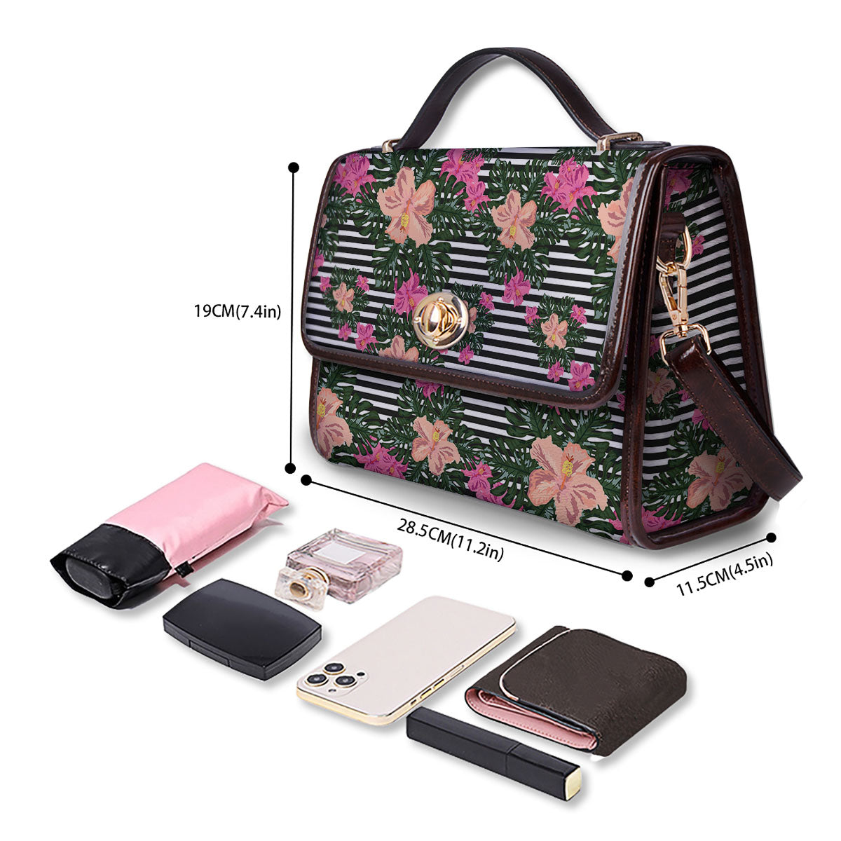 Striped Plumeria Flower Print Pattern Women's Satchel Bag - Image 4